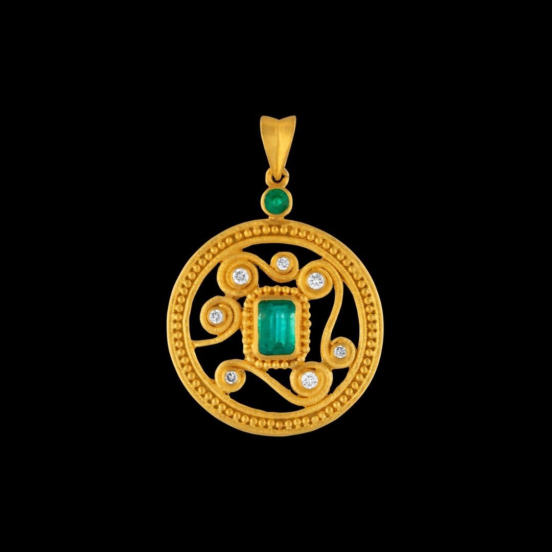 Emerald Cut 24k Gold Medallion for Women with Emeralds and Diamonds For Sale