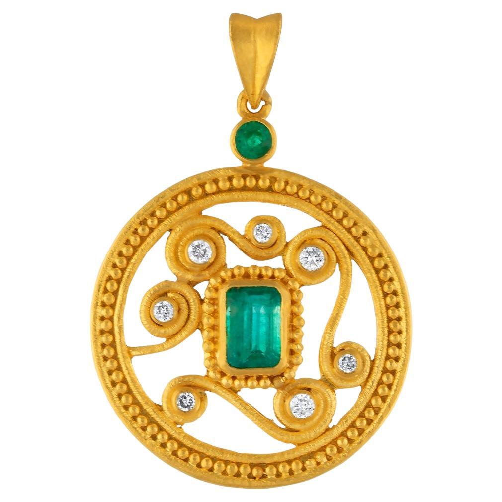 24k Gold Medallion for Women with Emeralds and Diamonds