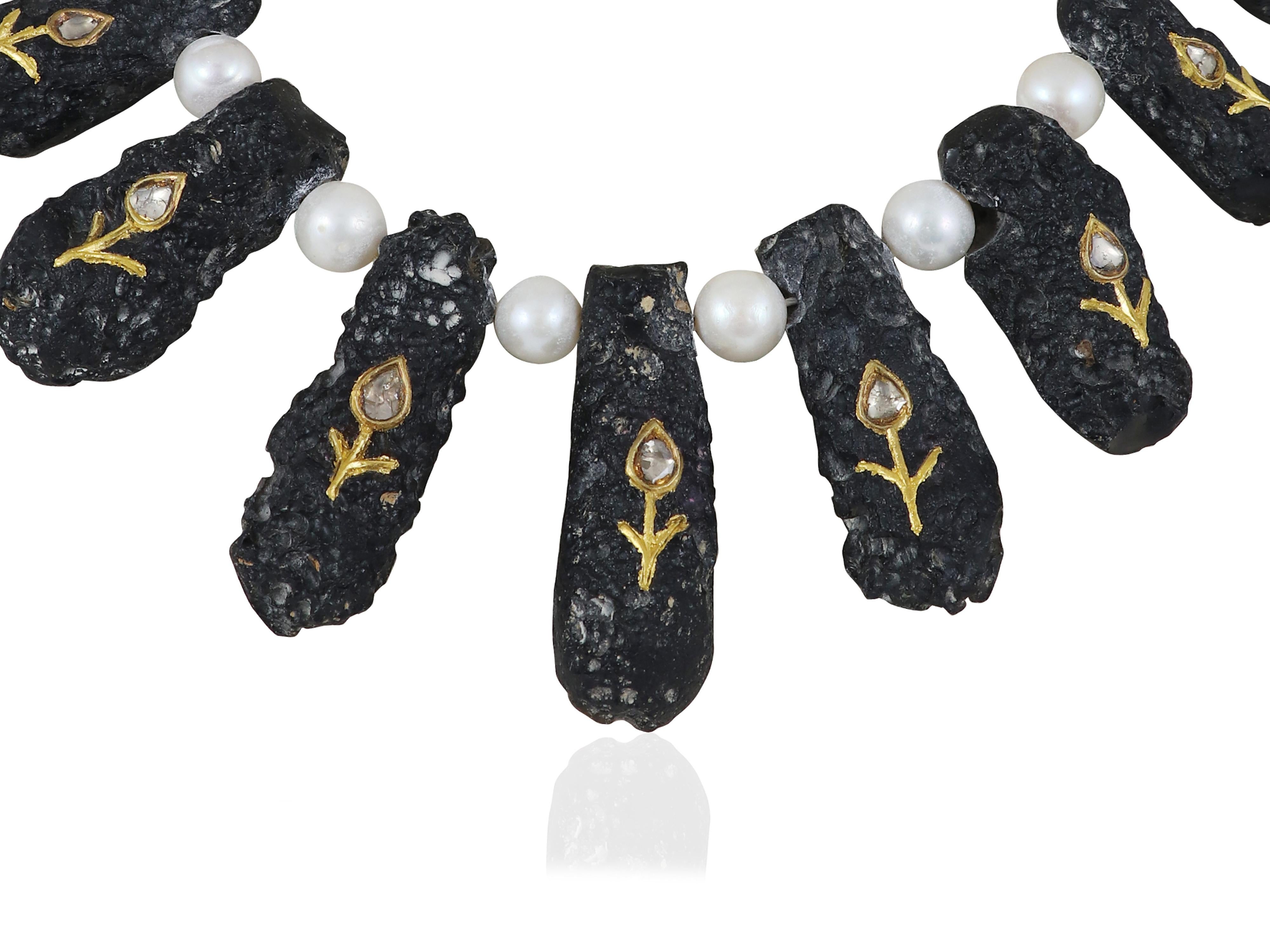 Uncut 24K gold Meteorite stone (tektite) necklace with pearl & diamond Indian necklace For Sale