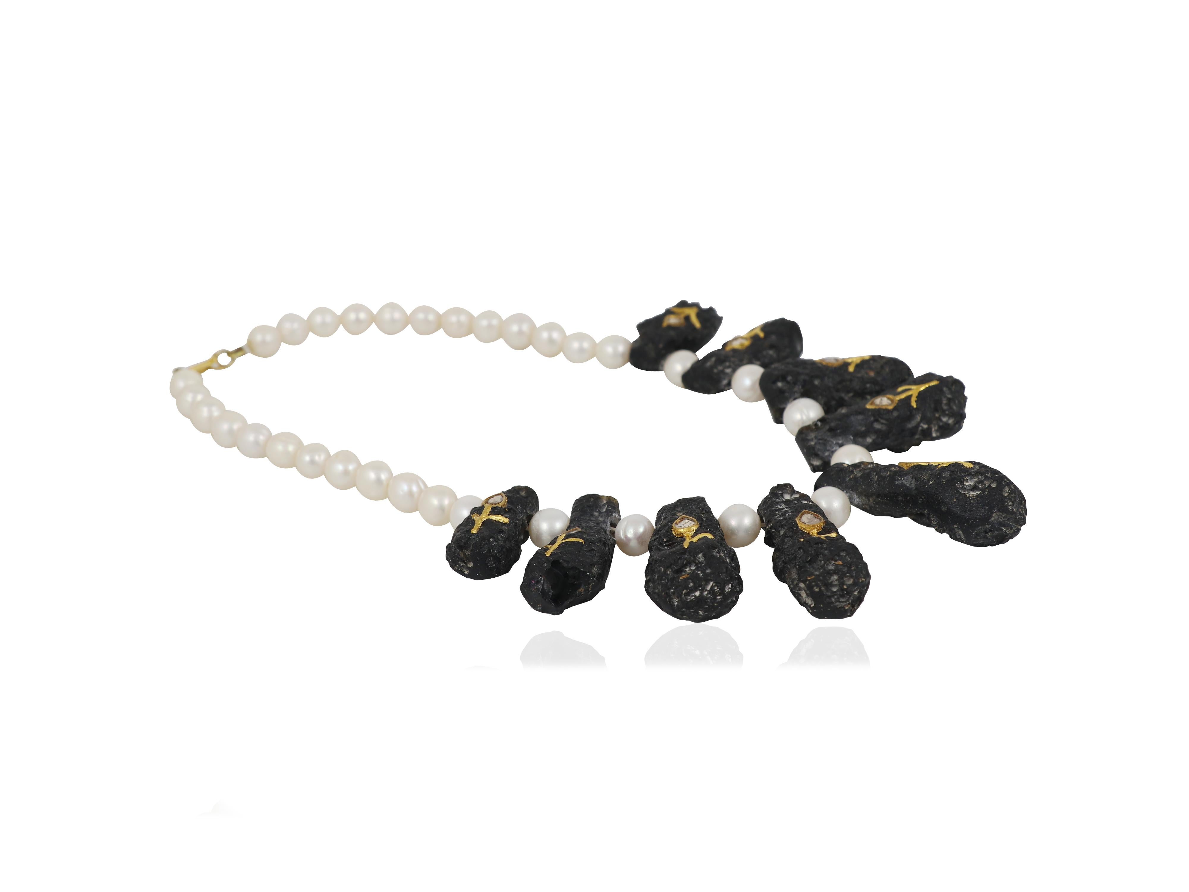 24K gold Meteorite stone (tektite) necklace with pearl & diamond Indian necklace In New Condition For Sale In Bangkok,, TH