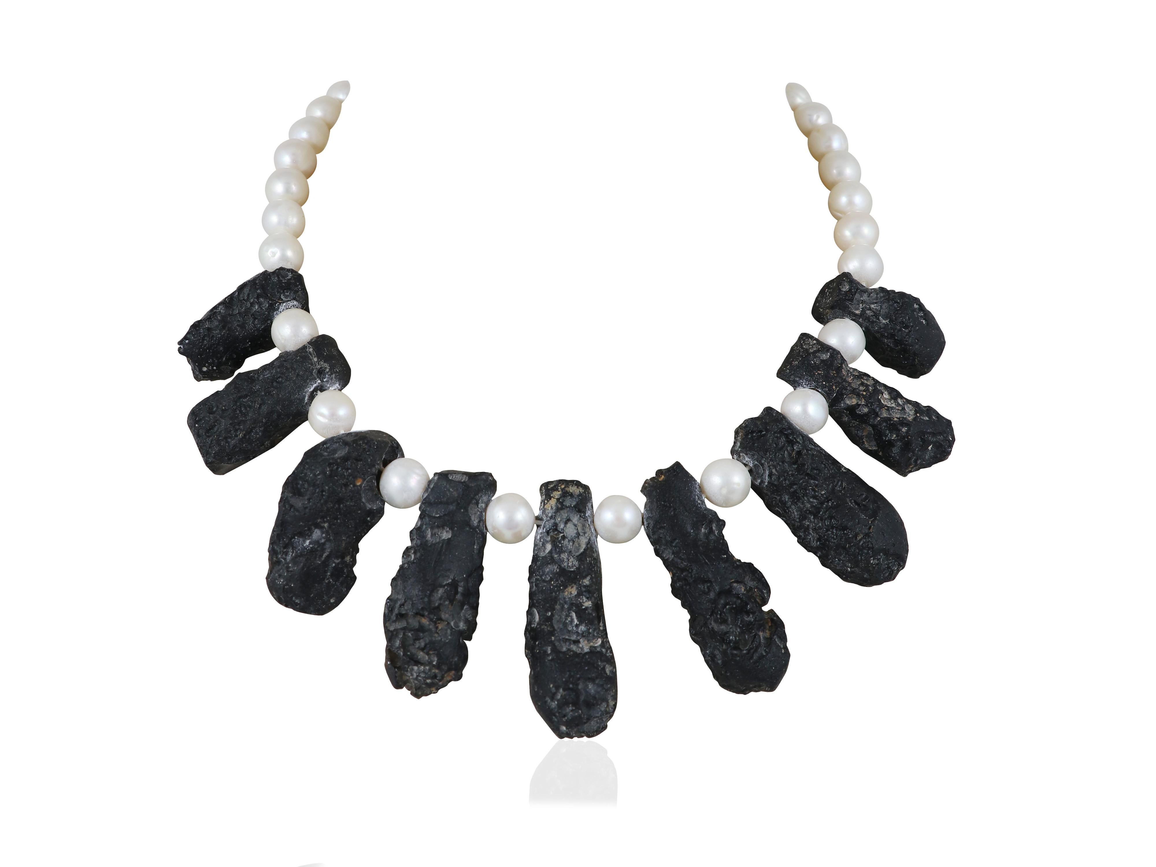 Women's 24K gold Meteorite stone (tektite) necklace with pearl & diamond Indian necklace For Sale