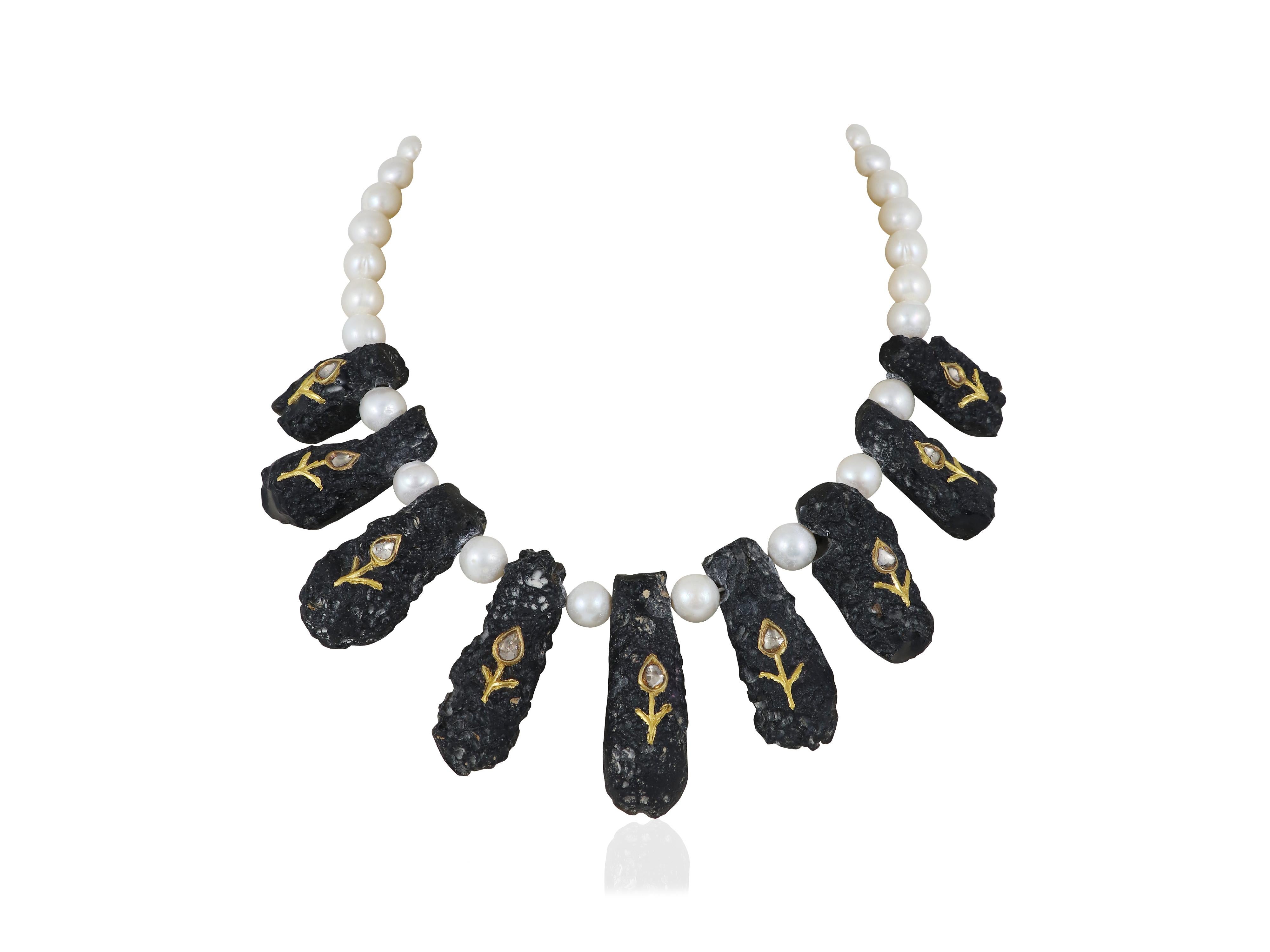 24K gold Meteorite stone (tektite) necklace with pearl & diamond Indian necklace For Sale 1