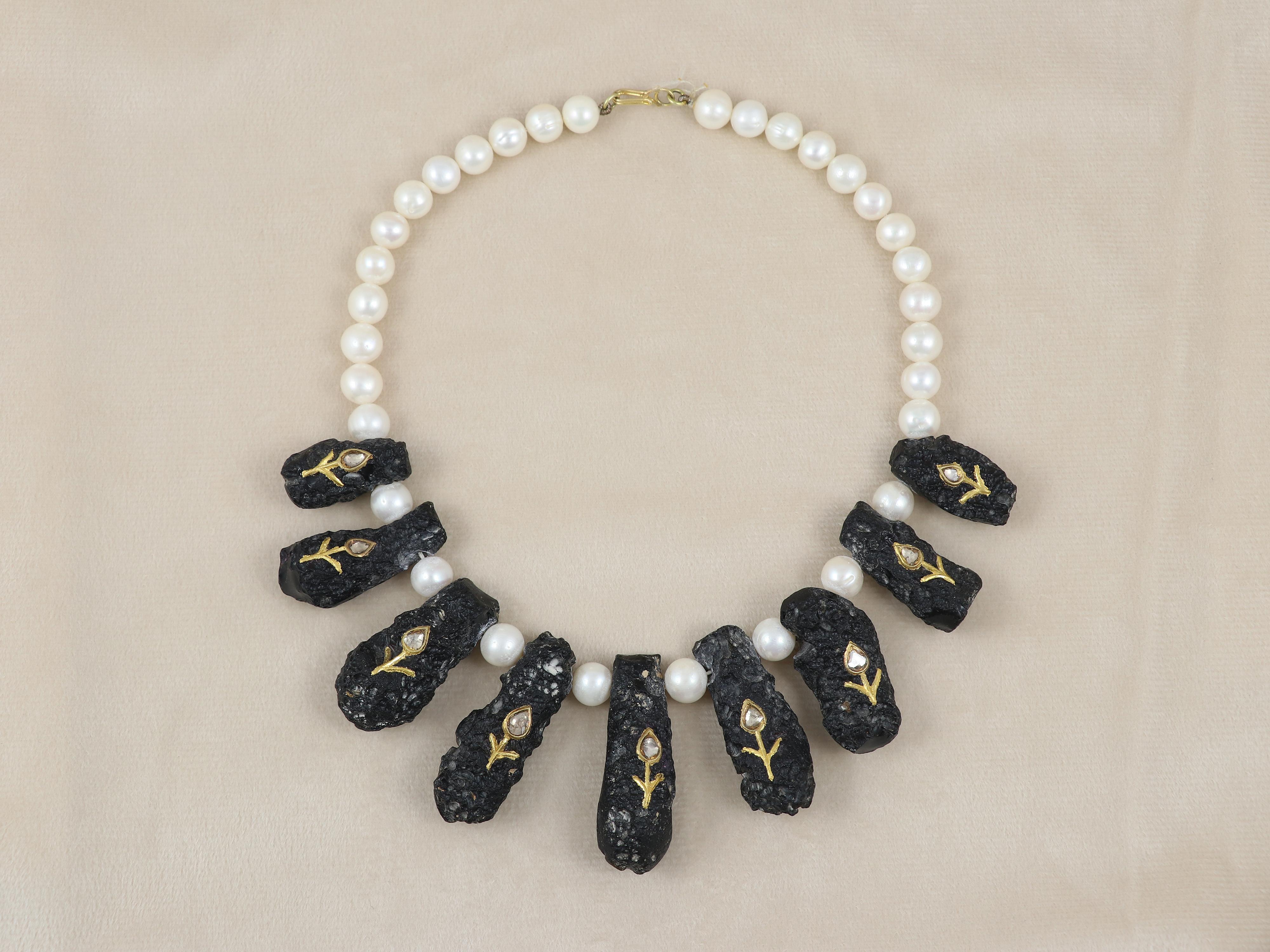 24K gold Meteorite stone (tektite) necklace with pearl & diamond Indian necklace For Sale 3
