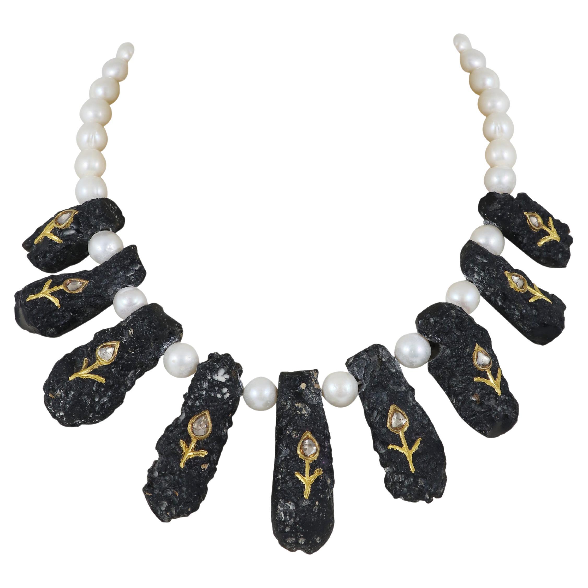 24K gold Meteorite stone (tektite) necklace with pearl & diamond Indian necklace