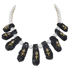 24K gold Meteorite stone (tektite) necklace with pearl & diamond Indian necklace