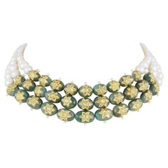 24K gold Mughal Indian emerald choker with pearls and diamonds