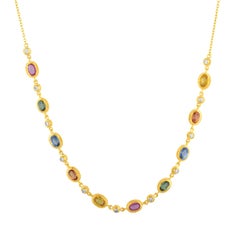 24k Gold Necklace for Woman with Colorful Sapphires and Diamonds