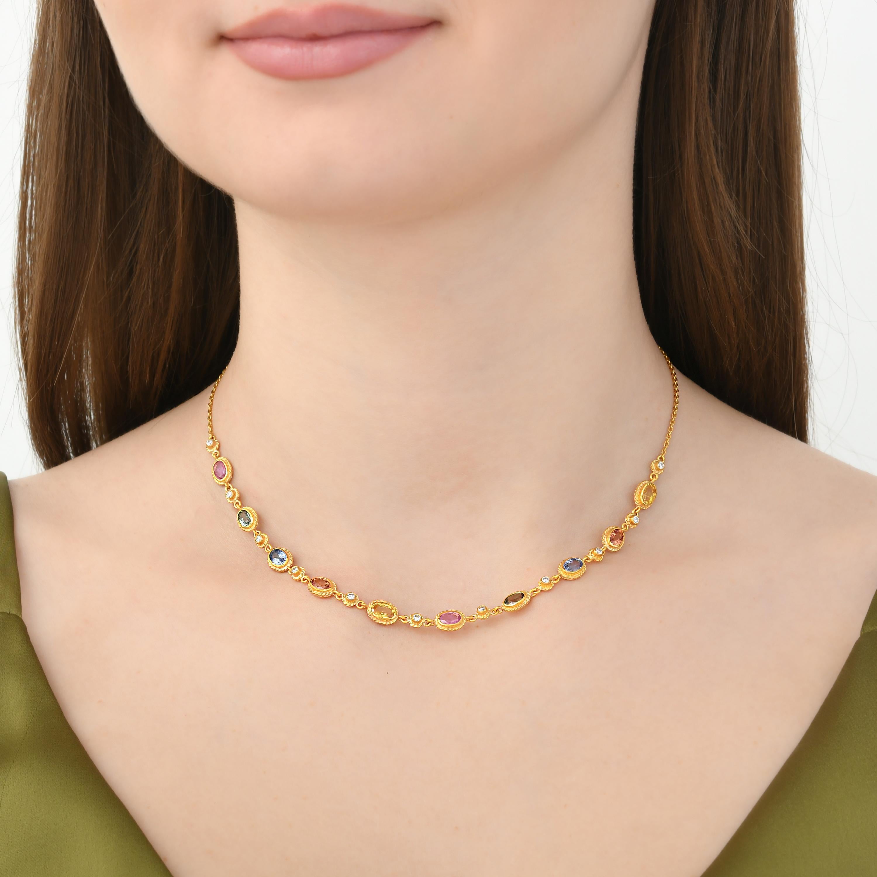 Classical Roman 24k Gold Necklace for Woman with Colorful Sapphires and Diamonds For Sale