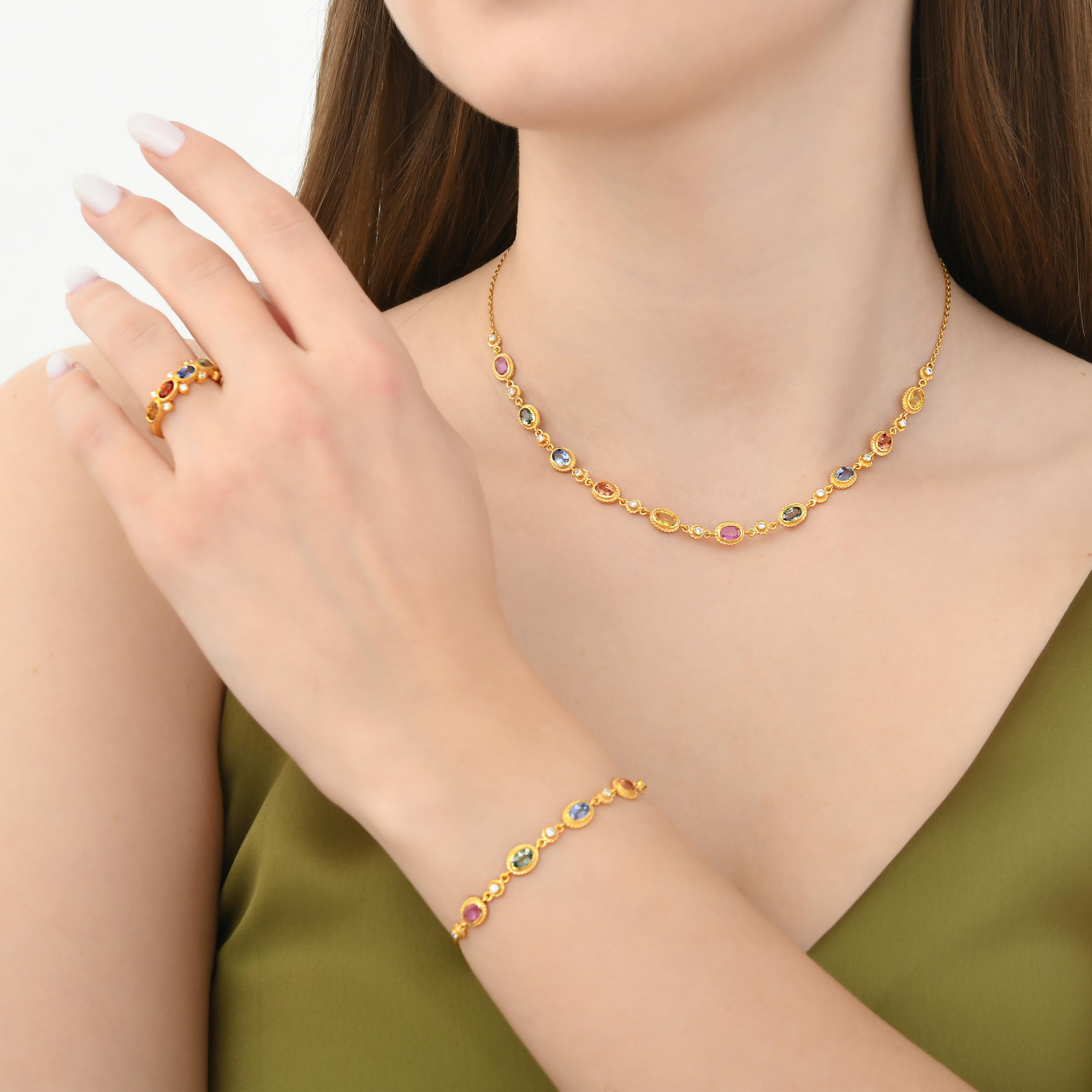 Oval Cut 24k Gold Necklace for Woman with Colorful Sapphires and Diamonds For Sale