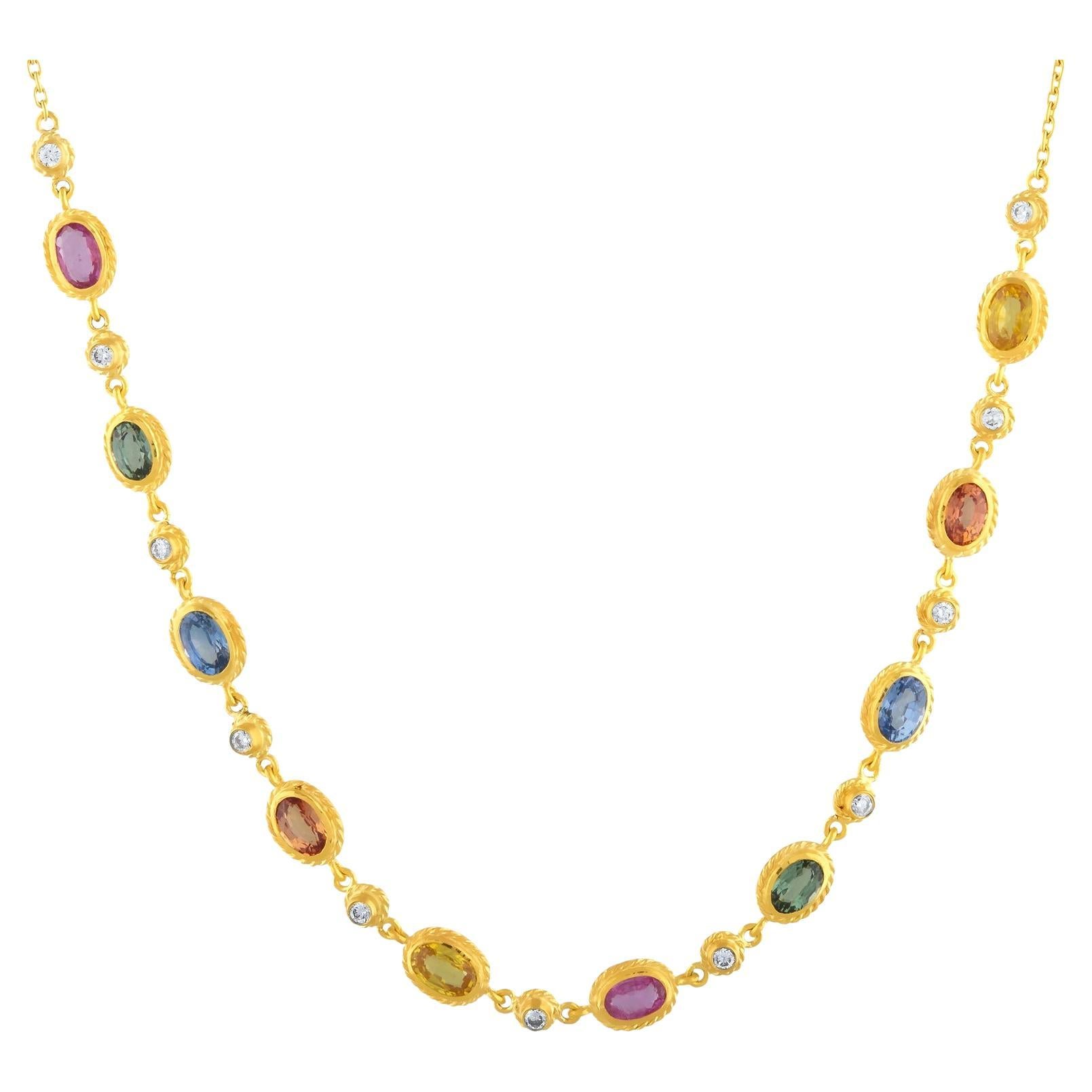 24k Gold Necklace for Woman with Colorful Sapphires and Diamonds