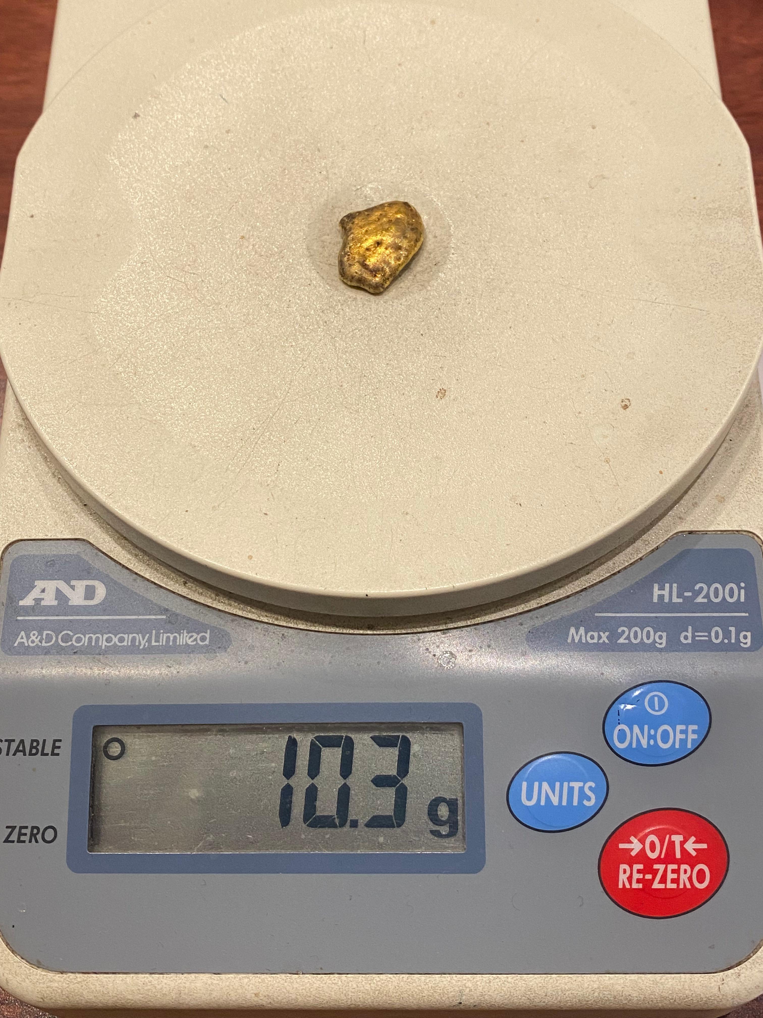 Pepita d'oro 24 carati (testata XRF) 
da Central Victoria, Australia

Peso: 10,3 grammi. 
Dimensioni: 18 mm x 15 mm.
