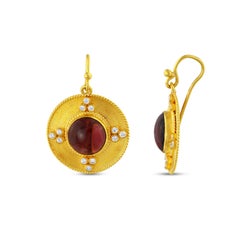 24k Gold Oval Earrings for Women with Oval Cabochon Cut Tourmaline and Diamonds