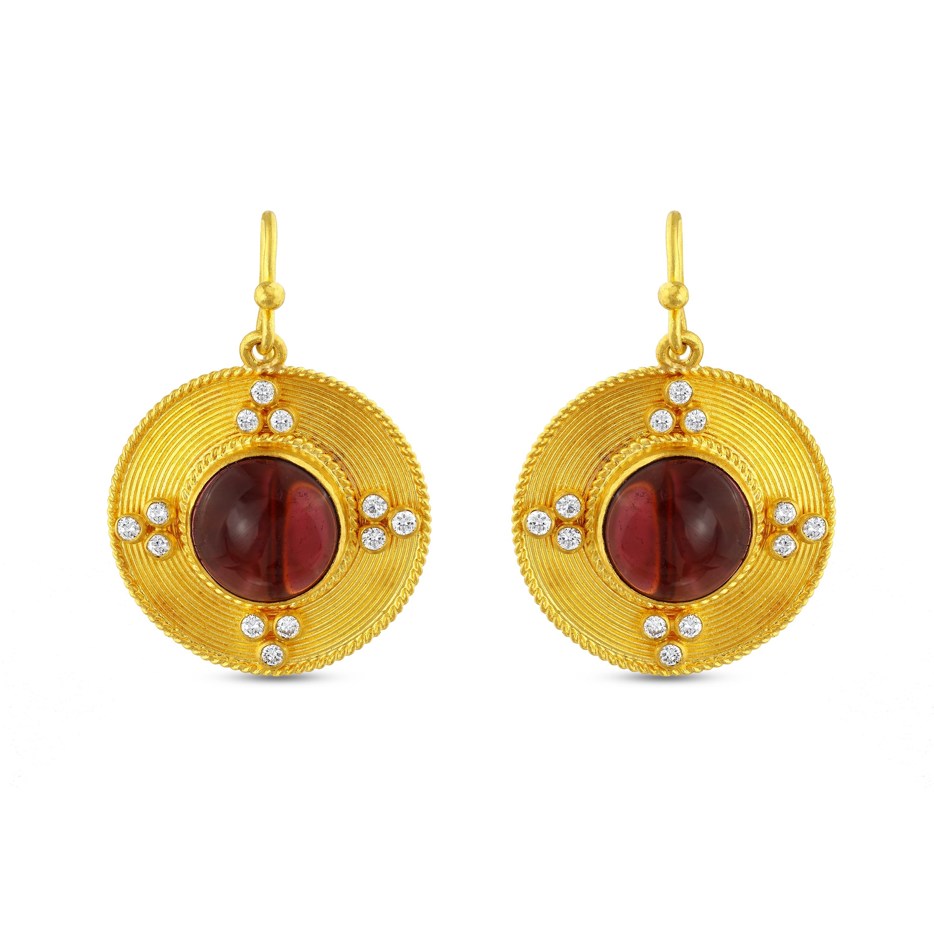 Classical Roman 24k Gold Oval Earrings for Women with Oval Cabochon Cut Tourmaline and Diamonds For Sale