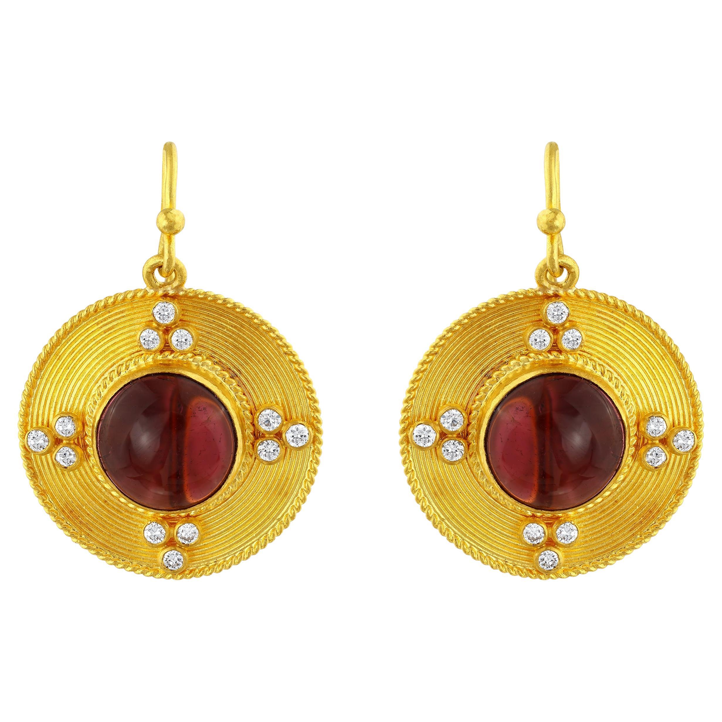 24k Gold Oval Earrings for Women with Oval Cabochon Cut Tourmaline and Diamonds
