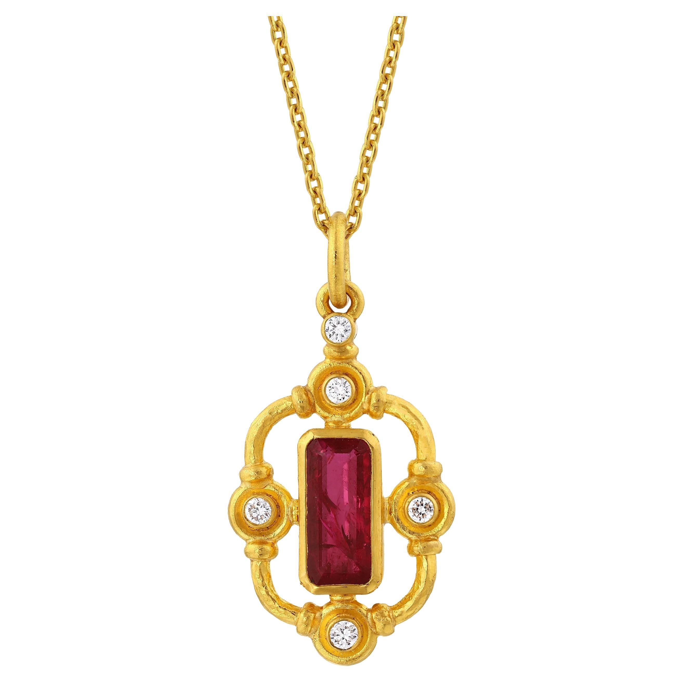 24k Gold Pendant for Women with Baguette-Cut Ruby and Diamonds