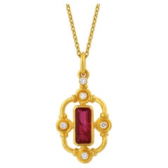 24k Gold Pendant for Women with Baguette-Cut Ruby and Diamonds
