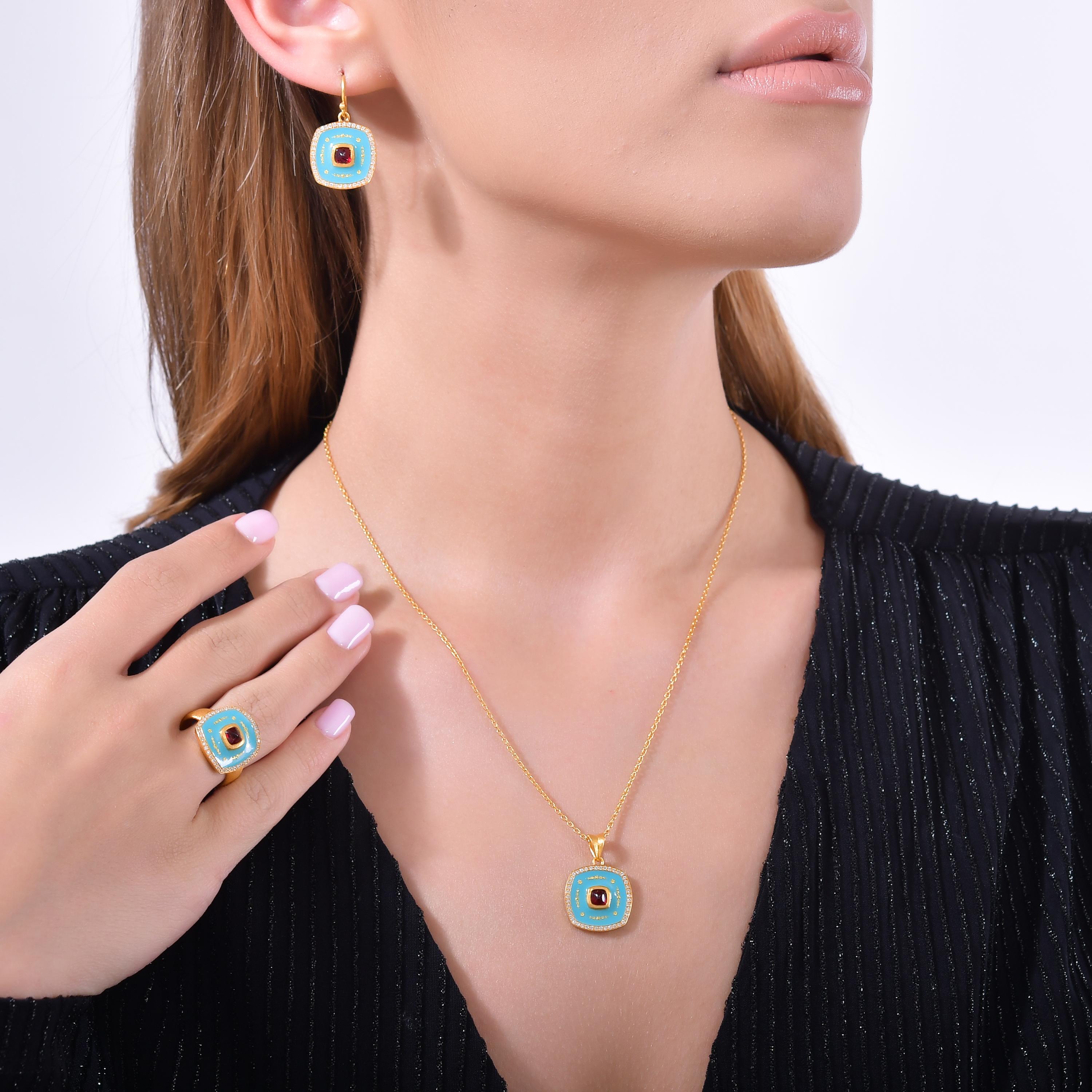 Classical Roman 24k Gold Pendant for Women with Blue Enamel and Sugarloaf-cut Ruby and Diamonds For Sale