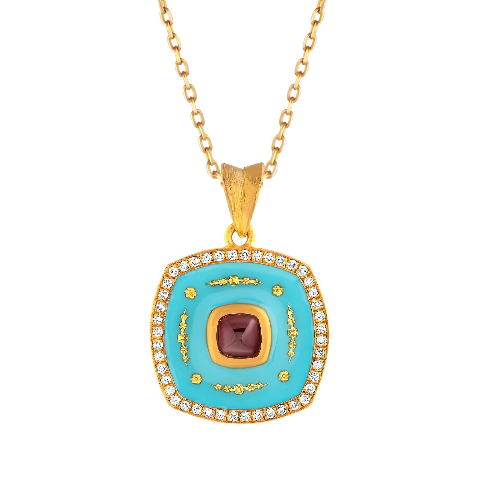 Sugarloaf Cabochon 24k Gold Pendant for Women with Blue Enamel and Sugarloaf-cut Ruby and Diamonds For Sale