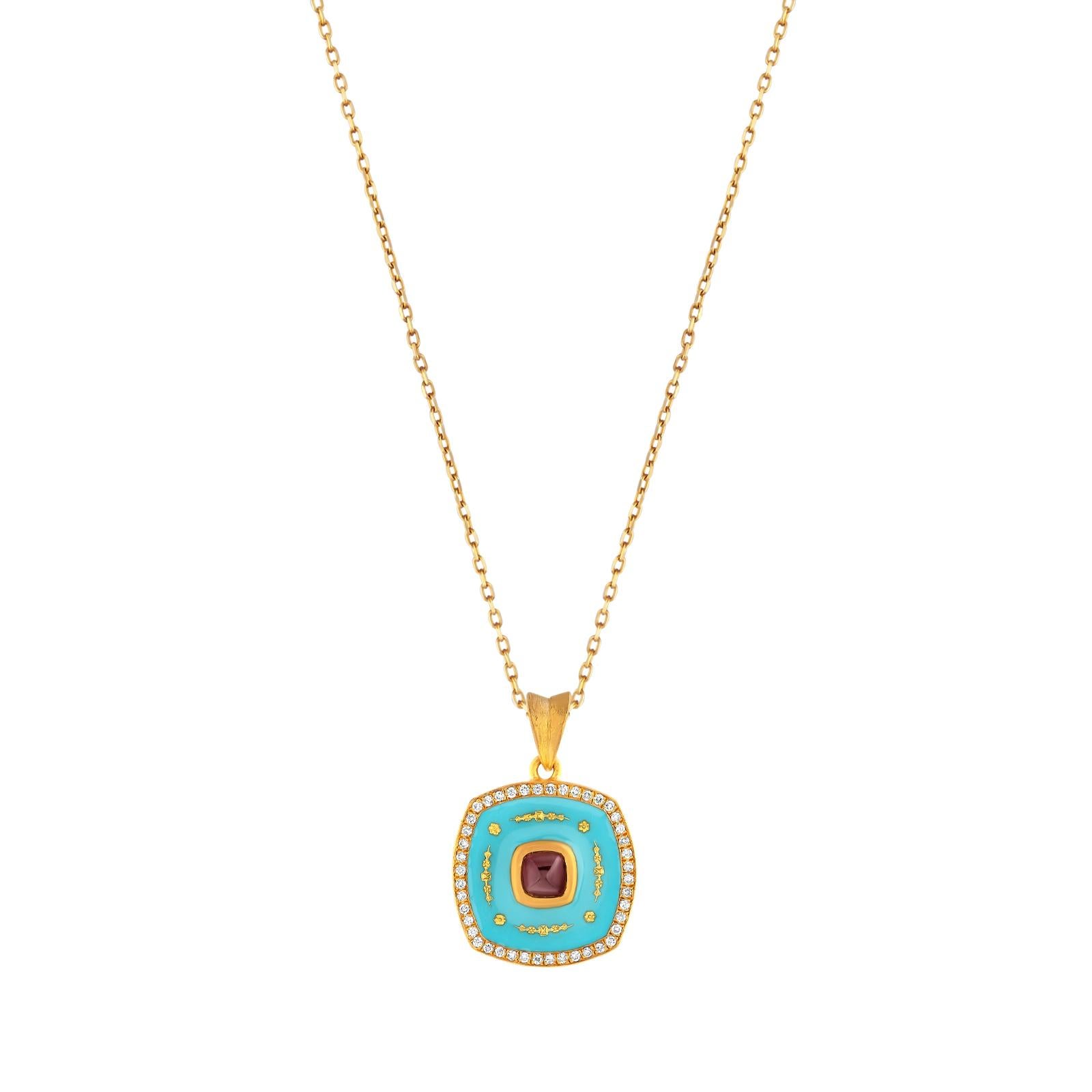 24k Gold Pendant for Women with Blue Enamel and Sugarloaf-cut Ruby and Diamonds In New Condition For Sale In İstanbul, TR