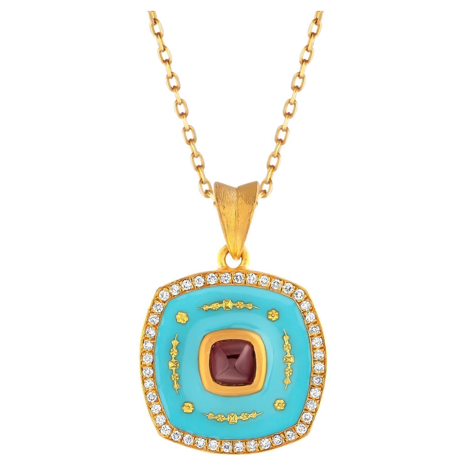 24k Gold Pendant for Women with Blue Enamel and Sugarloaf-cut Ruby and Diamonds