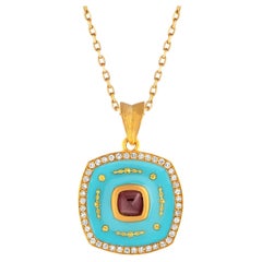 Pendentif pour femmes en or 24 carats, émail bleu, rubis taillé en pain de sucre et diamants