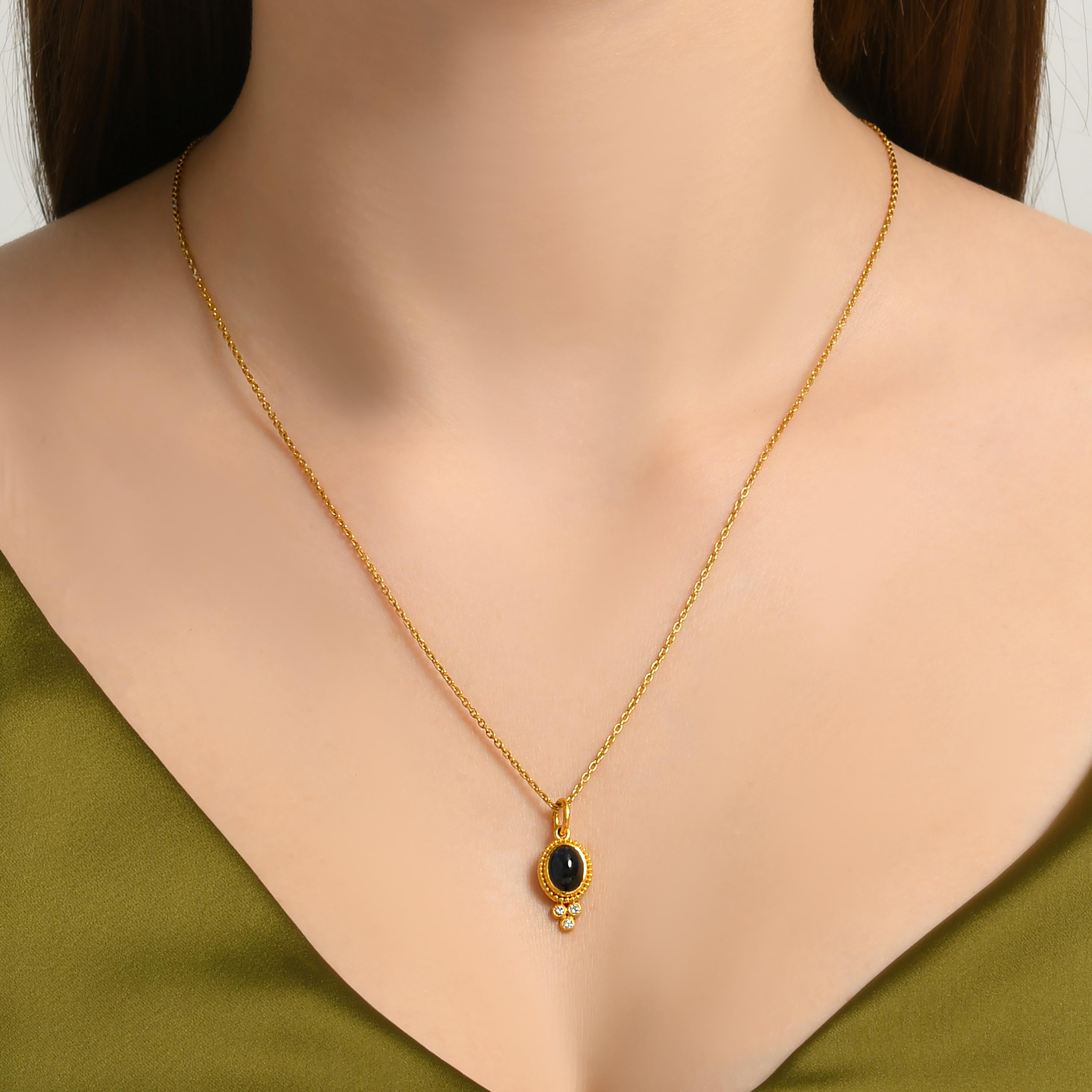 Classical Greek 24k Gold Pendant for Women with Cabochon Cut Sapphire and Diamonds For Sale