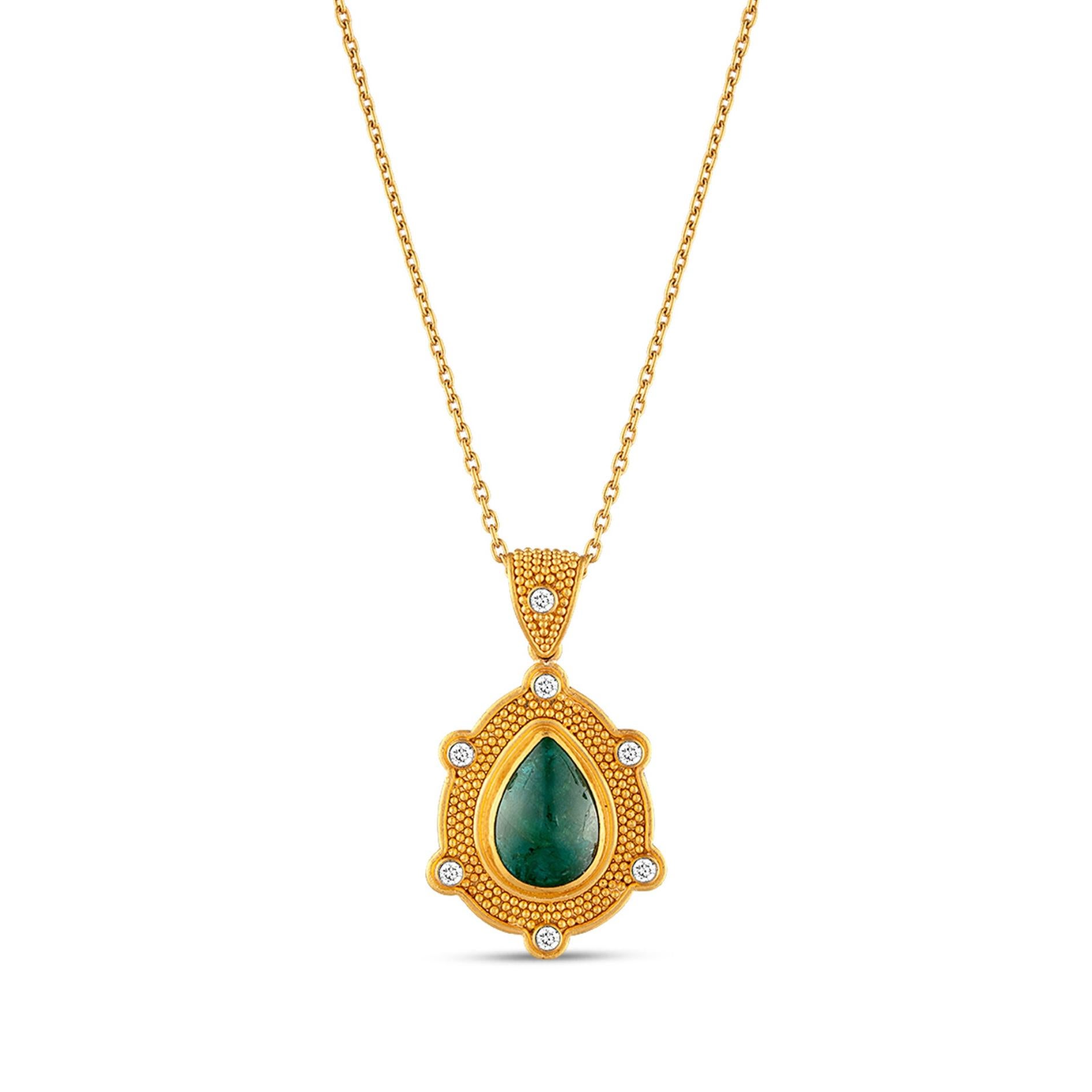 Emerald (8.08 Carat) and Diamonds (0.35 Carat) 

Crafted with timeless elegance, this 24 karat gold jewelry piece draws inspiration from the ancient civilizations of Anatolia, where empires like the Greeks, Romans, Byzantines, and Ottomans shaped