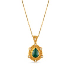 24k Gold Pendant for Woman with a Pear Shaped Cabochon Cut Emerald and Diamonds