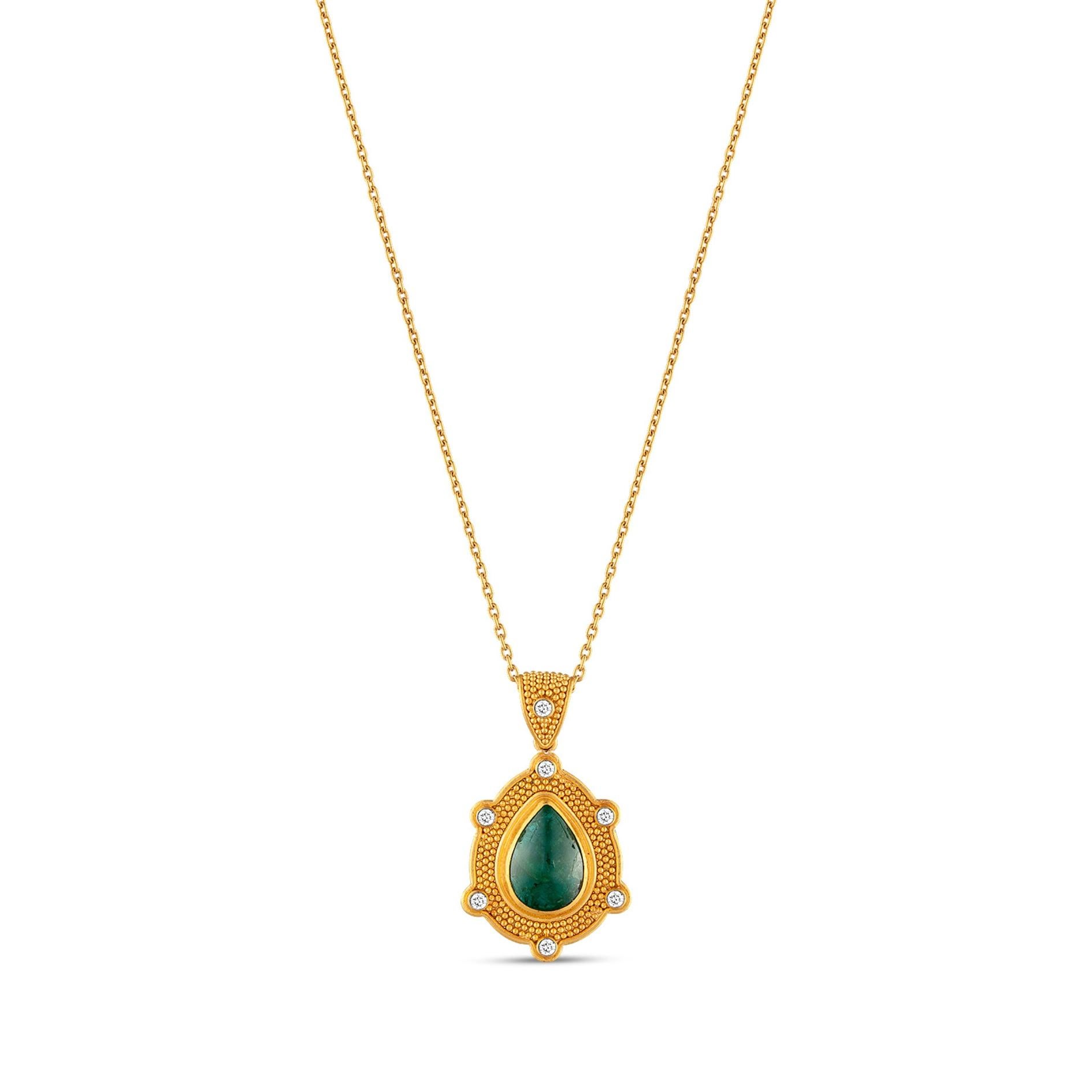 Classical Roman 24k Gold Pendant for Woman with a Pear Shaped Cabochon Cut Emerald and Diamonds For Sale
