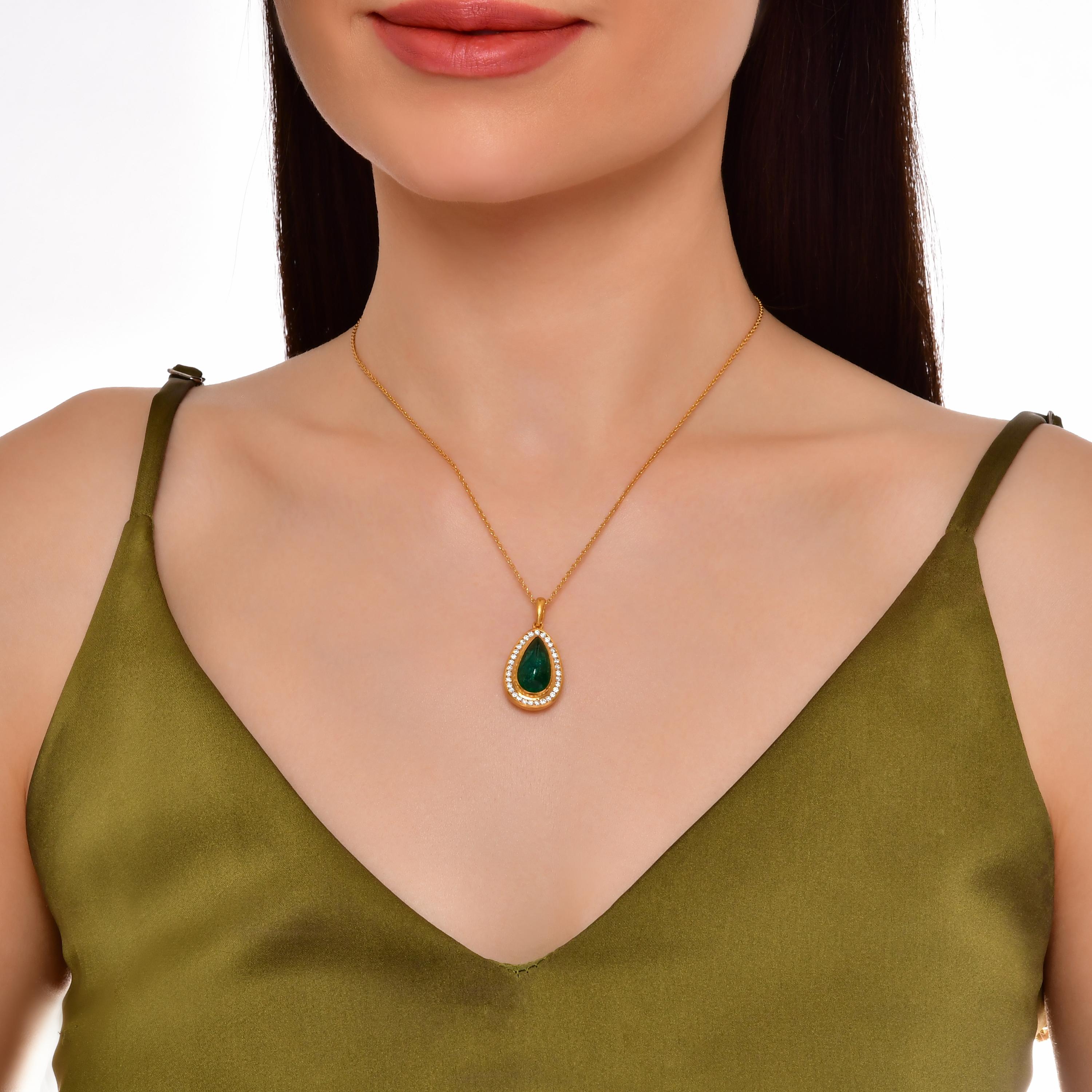 Pear Cut 24k Gold Pendant for Woman with a Pear Shaped Cabochon Cut Emerald and Diamonds For Sale