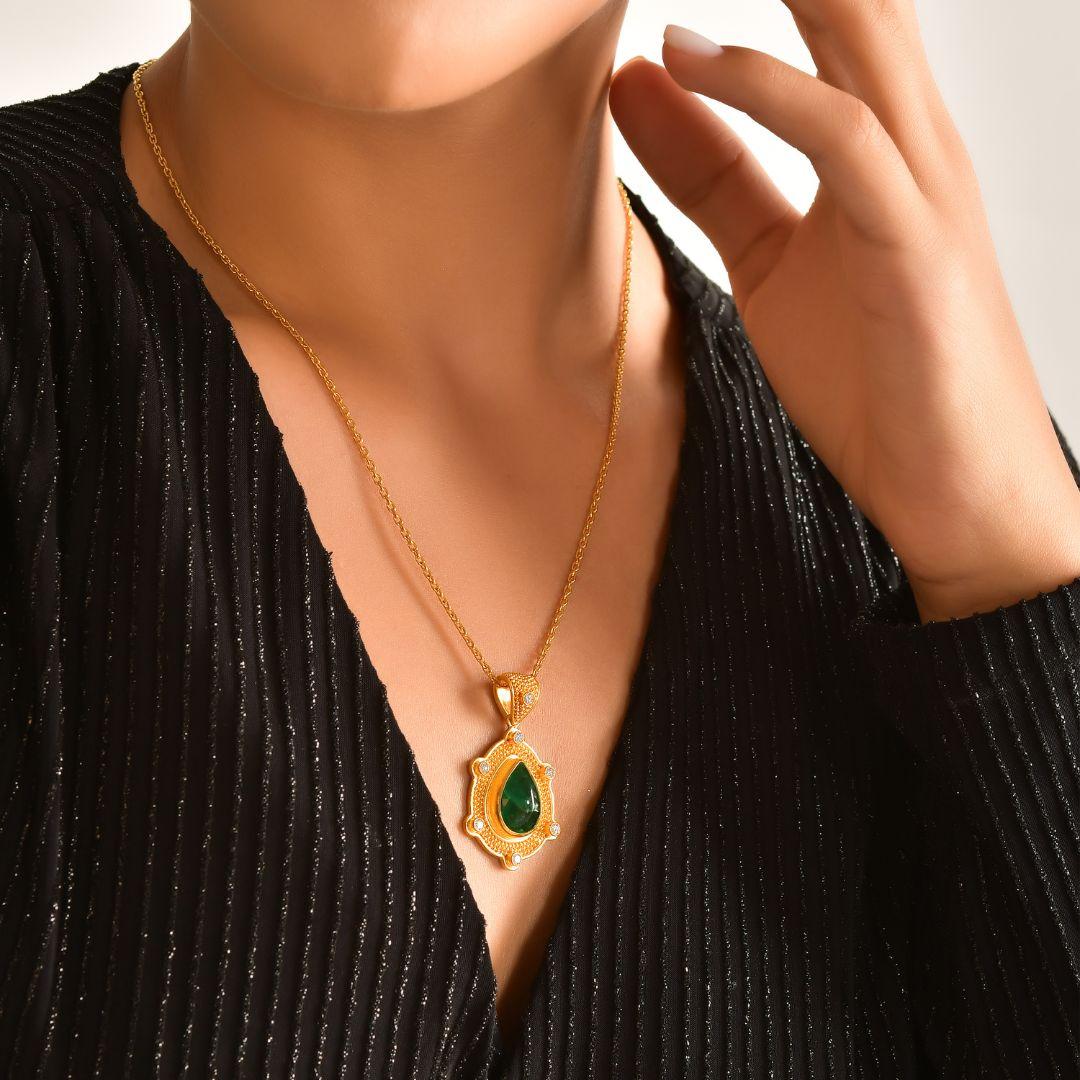 Pear Cut 24k Gold Pendant for Woman with a Pear Shaped Cabochon Cut Emerald and Diamonds For Sale