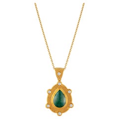 24k Gold Pendant for Woman with a Pear Shaped Cabochon Cut Emerald and Diamonds