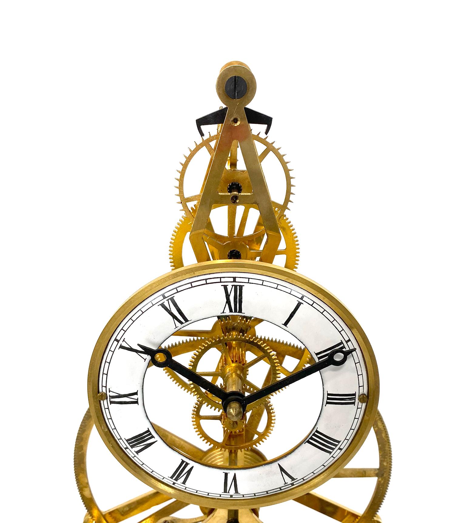 24K Gold Plated 8 Day Great Wheel Fusee Driven Porcelain Dial Skeleton Clock For Sale 1