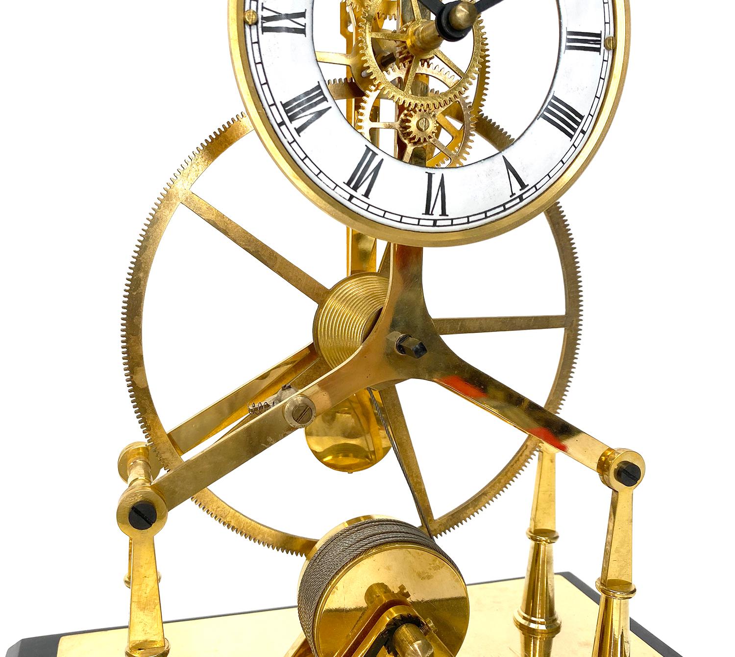24K Gold Plated 8 Day Great Wheel Fusee Driven Porcelain Dial Skeleton Clock For Sale 2