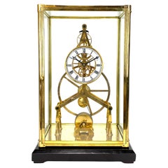 Antique 24K Gold Plated 8 Day Great Wheel Fusee Driven Porcelain Dial Skeleton Clock