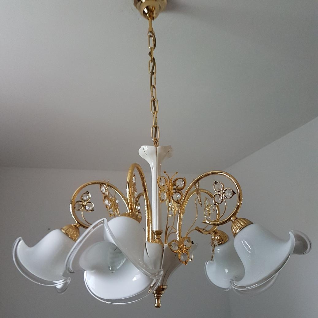 Gold Plate 24-Karat Gold-Plated Brass Chandelier with Murano Glass Shades, B.C. San Michele For Sale