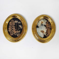 24K Gold Plated Brass Oval Pair of Frames with Real Pressed Flowers