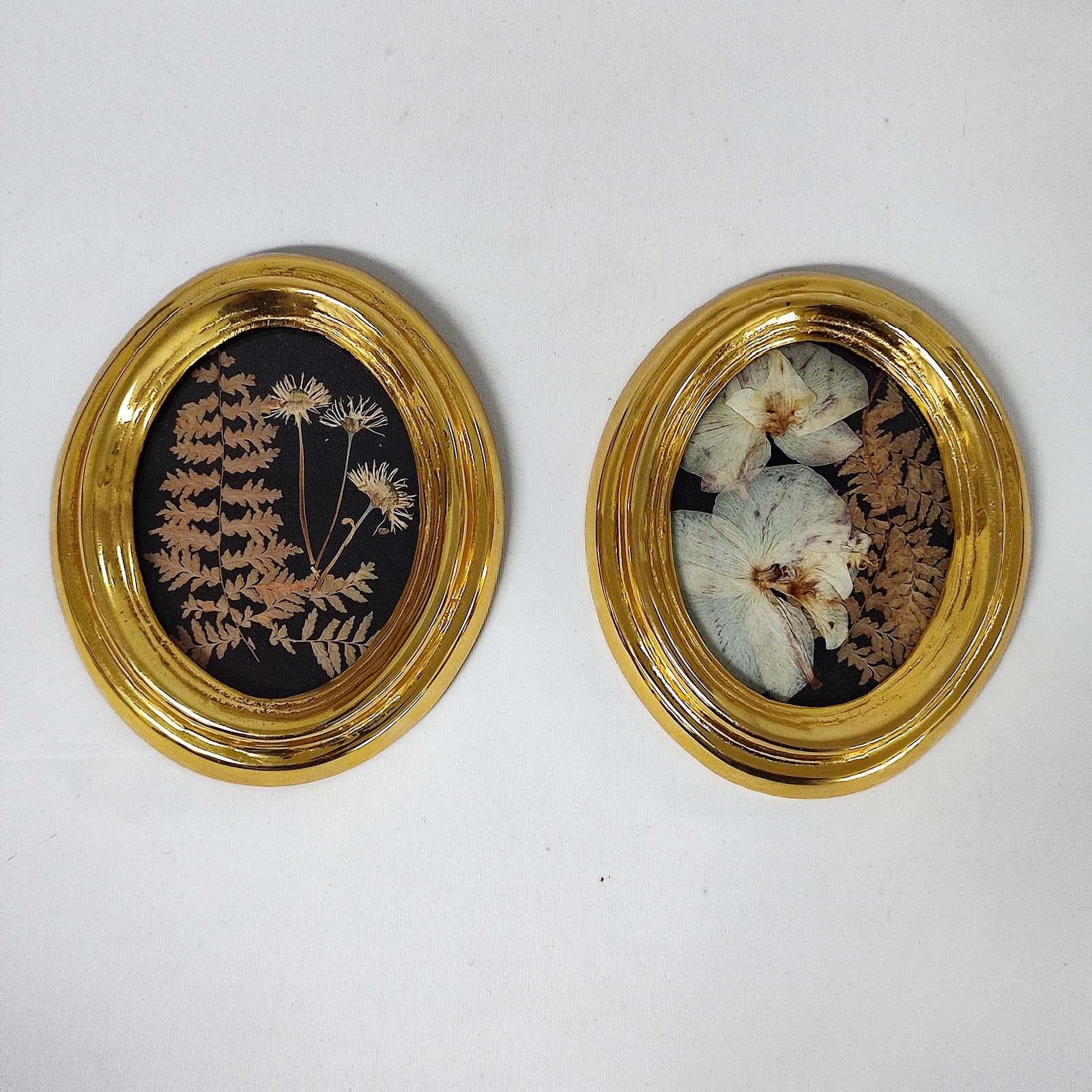 European 24K Gold Plated Brass Oval Pair of Frames with Real Pressed Flowers For Sale