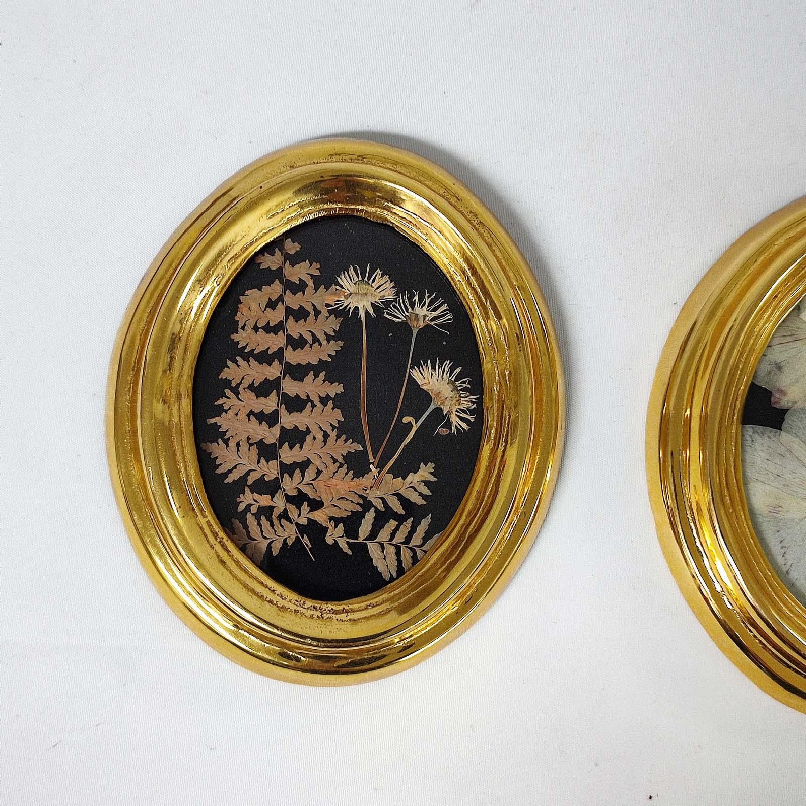 Gilt 24K Gold Plated Brass Oval Pair of Frames with Real Pressed Flowers For Sale
