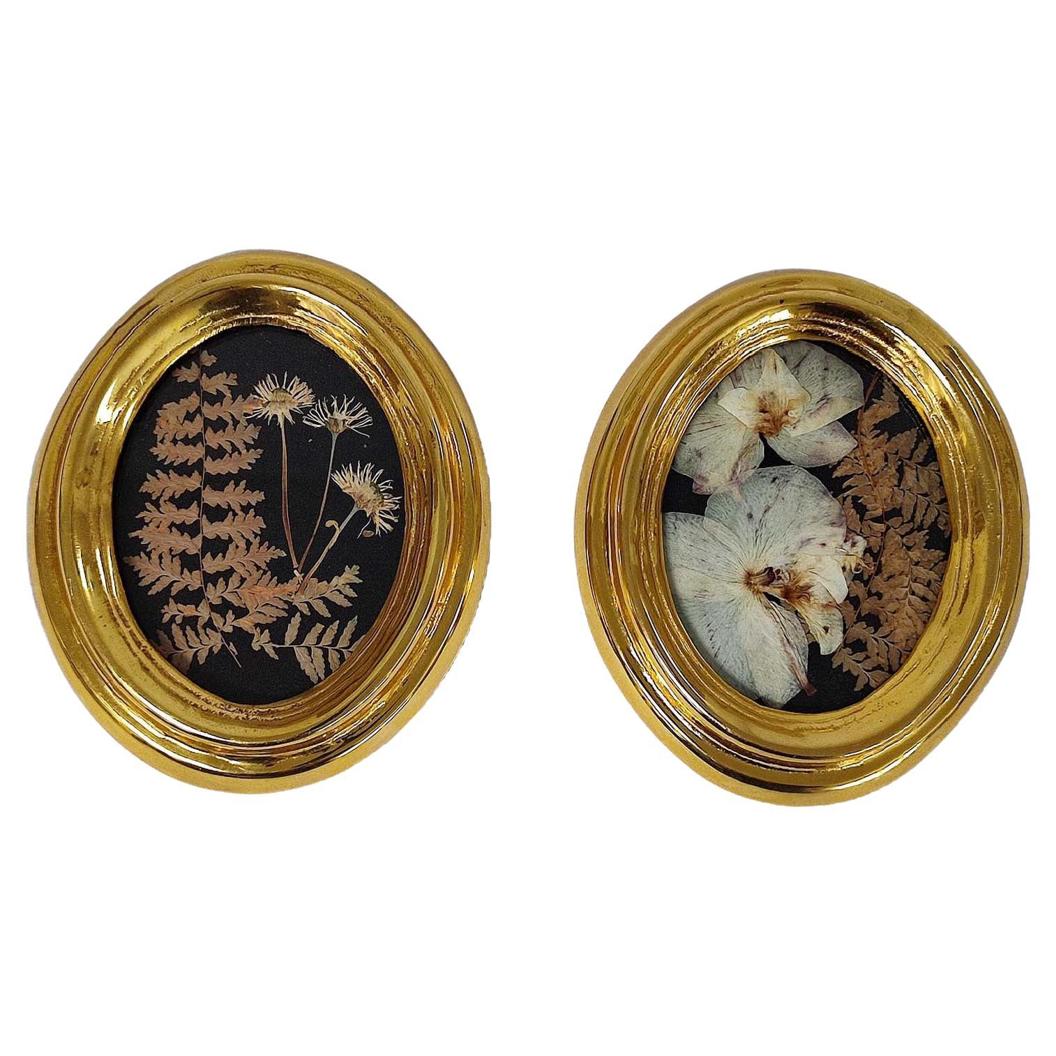 24K Gold Plated Brass Oval Pair of Frames with Real Pressed Flowers For Sale