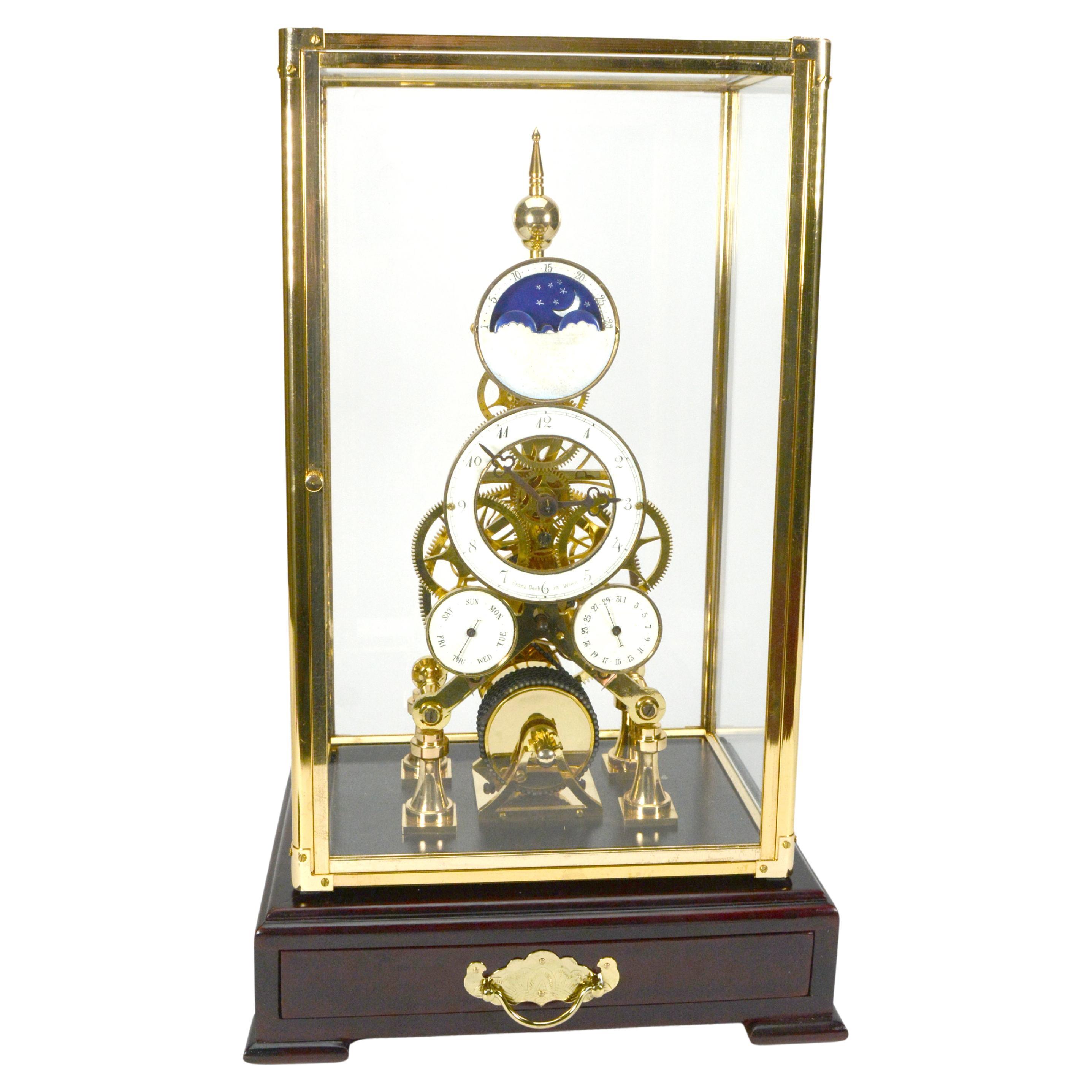 24K Gold Plated Pinwheel Moon Dial Calendar Fusee Chain Skeleton Clock