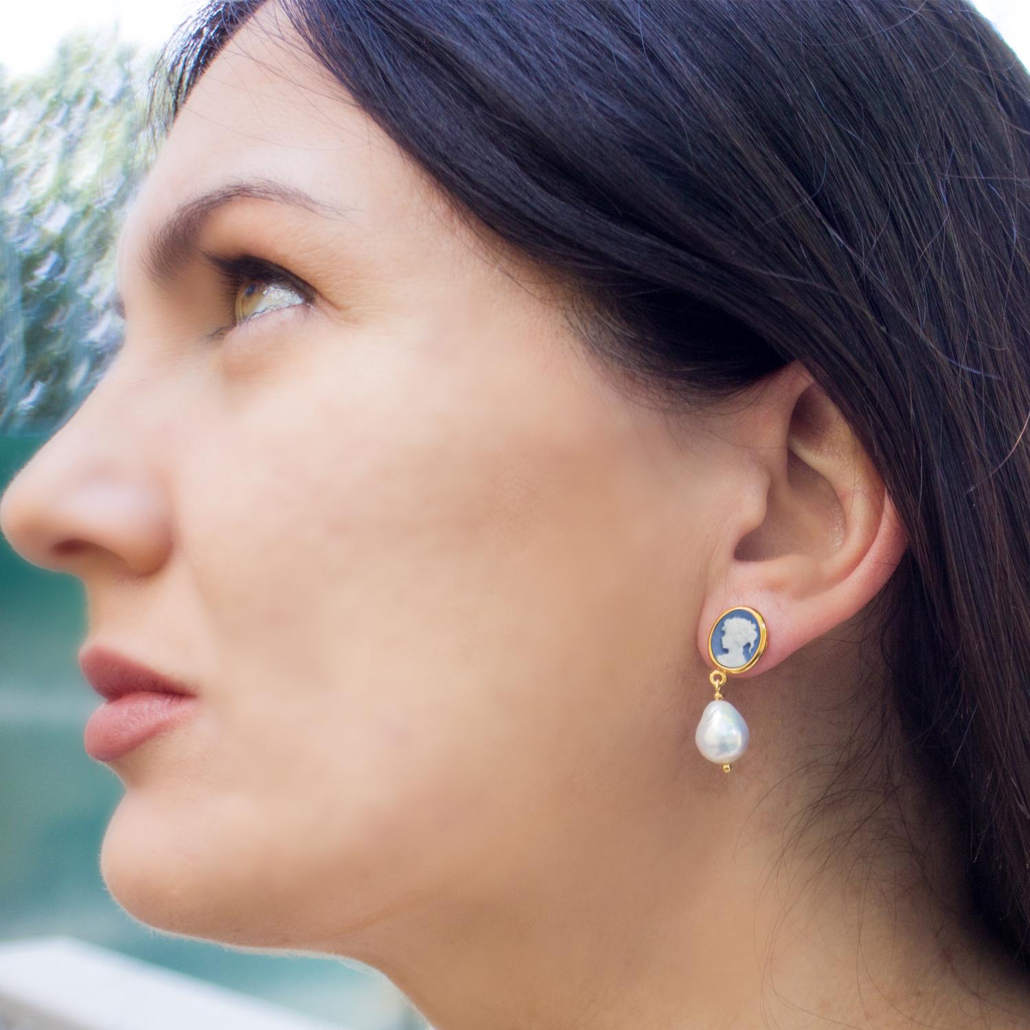 The Sky Blue Mini Cameo and Pearl Drop earrings by Vintouch are individually hand-crafted in Torre del Greco, Italy - the homeland of cameo jewelry art. There it is said that cameo carvers were used to depict the image of the women they loved when