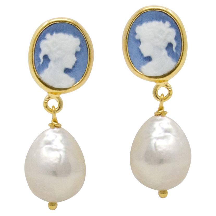 24k Gold Vermeil Silver Sky Blue Mini Cameo & Pearl Drop Earrings For Sale