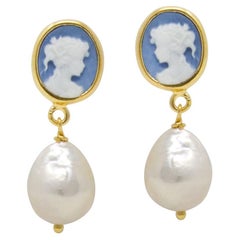 24k Gold Vermeil Silver Sky Blue Mini Cameo & Pearl Drop Earrings
