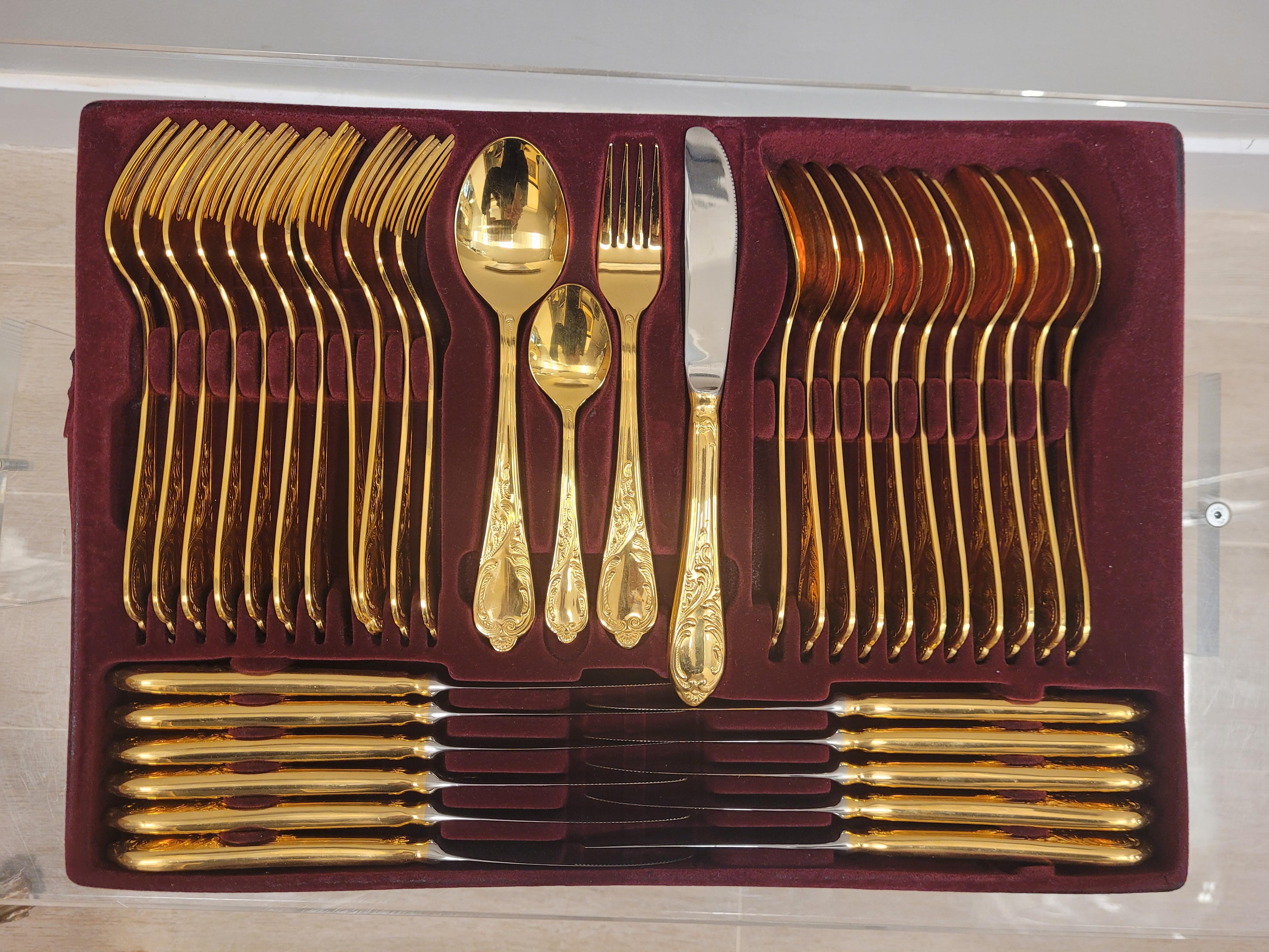 24K Gold Plating Germany  GRSG Rostfrei Solingen cutlery, 70 pieces, 60's 70's  For Sale 6