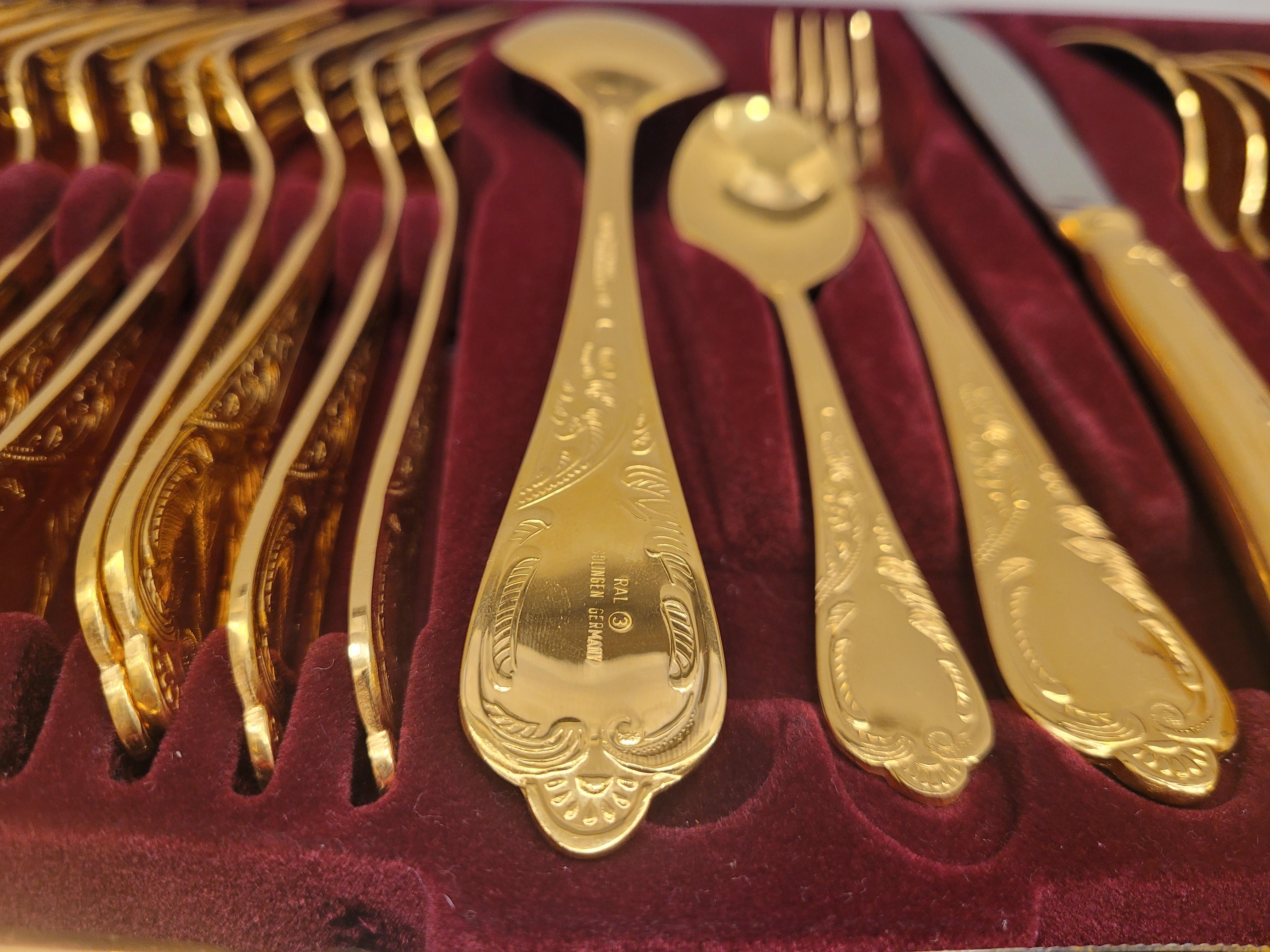 24K Gold Plating Germany  GRSG Rostfrei Solingen cutlery, 70 pieces, 60's 70's  For Sale 8
