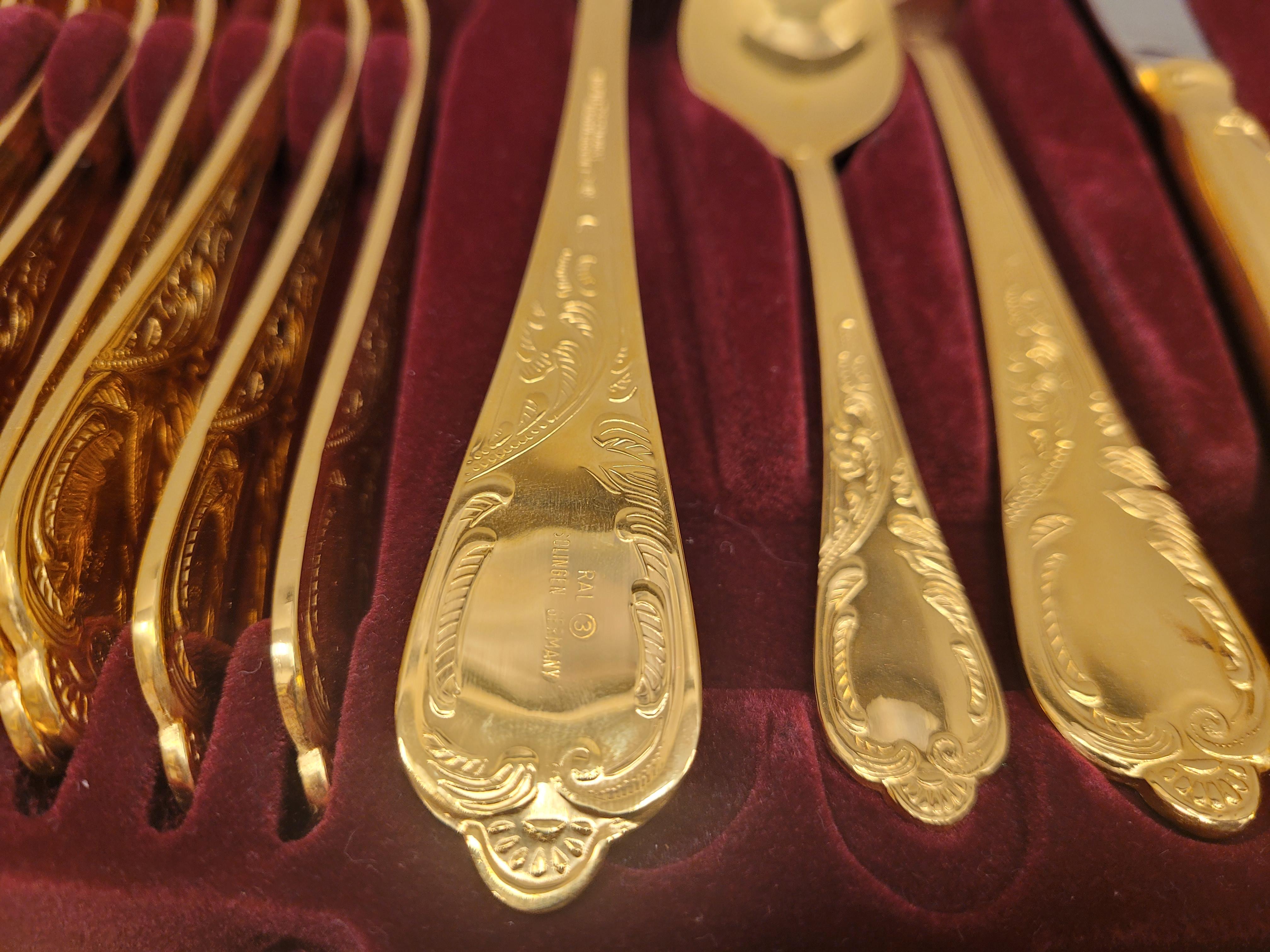 24K Gold Plating Germany  GRSG Rostfrei Solingen cutlery, 70 pieces, 60's 70's  For Sale 9