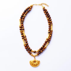 24k Gold Pre-Columbian Inca Tiger's Eye Beaded Necklace By Cano Jewelry, 1970s