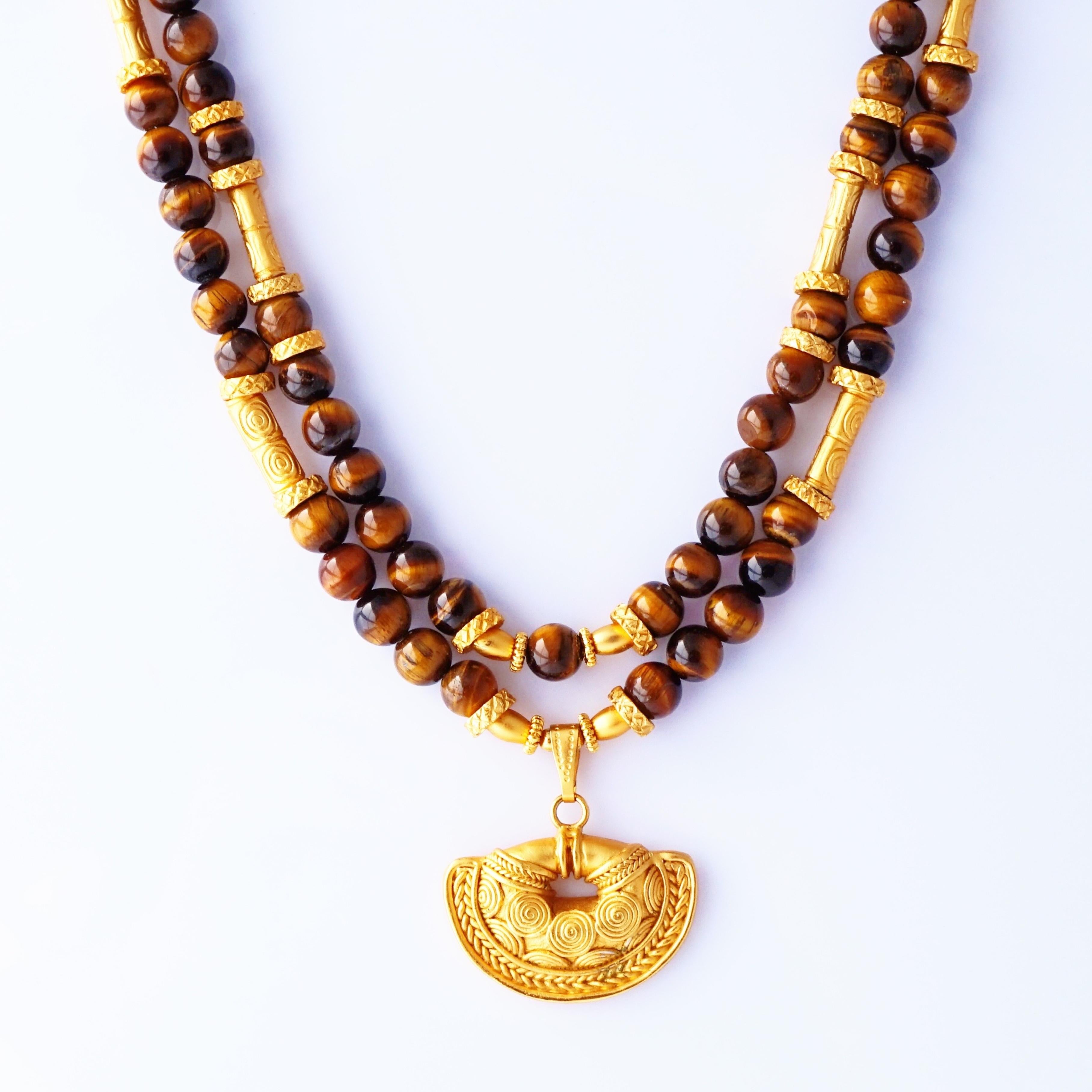 Collar de cuentas de ojo de tigre inca precolombino de oro de 24 quilates de Joyería Cano, años 70 Moderno en venta