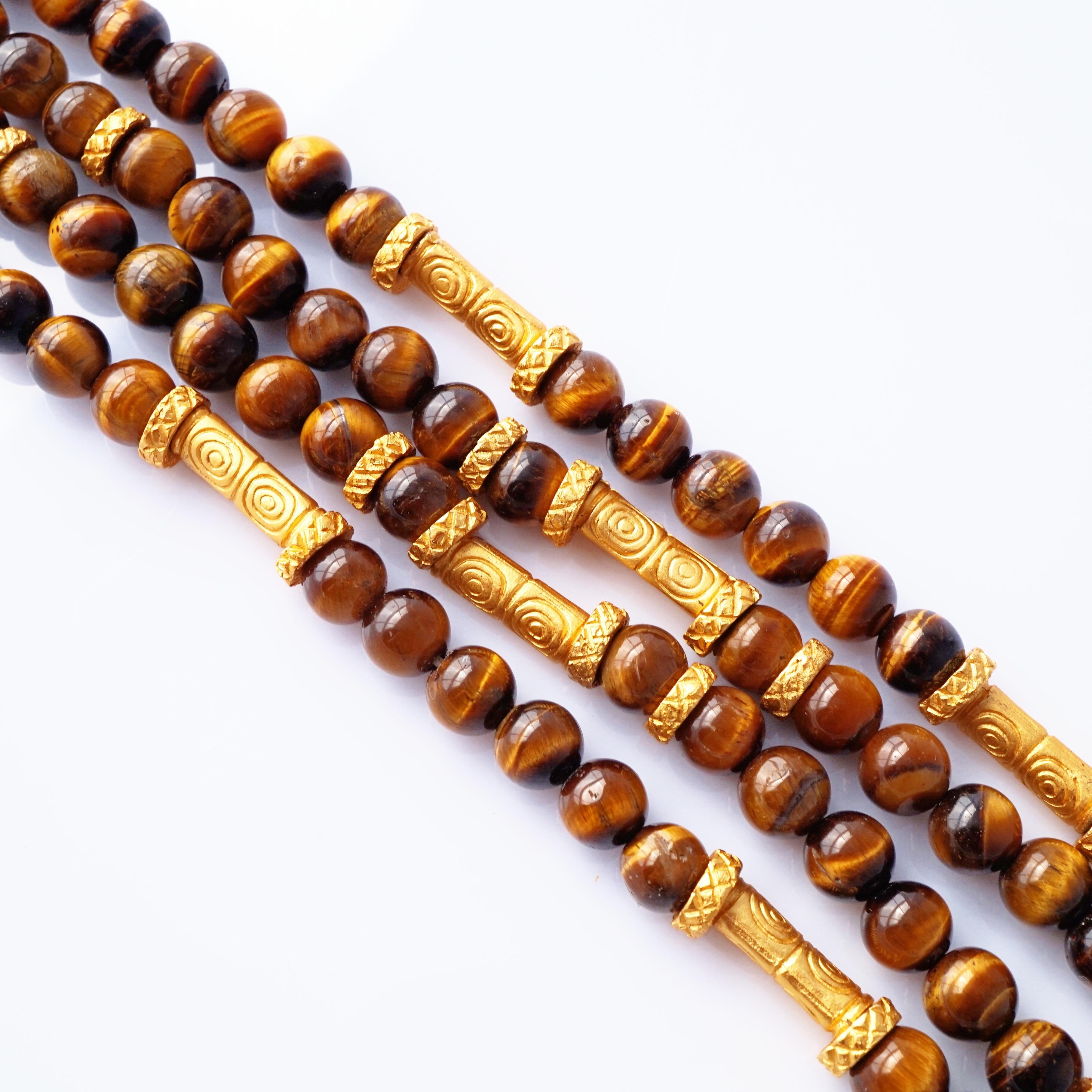 Collar de cuentas de ojo de tigre inca precolombino de oro de 24 quilates de Joyería Cano, años 70 en Bueno estado para la venta en McKinney, TX